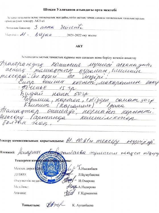 Асхана тазалығы және гигиеналық жағдайы, тегін ыстық тамақ сапасы гигиеналық тазалықтардың орындалуын тексеру АКТ-сі