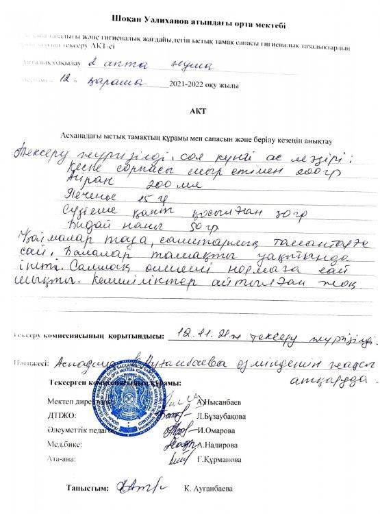 Асхана тазалығы және гигиеналық жағдайы, тегін ыстық тамақ сапасы гигиеналық тазалықтардың орындалуын тексеру АКТ-сі