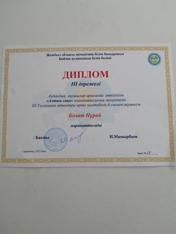 Аудандық "Алтын сақа "  олимпиадасының ІІІ-дәрежелі жеңімпазы Болат Нұрай.