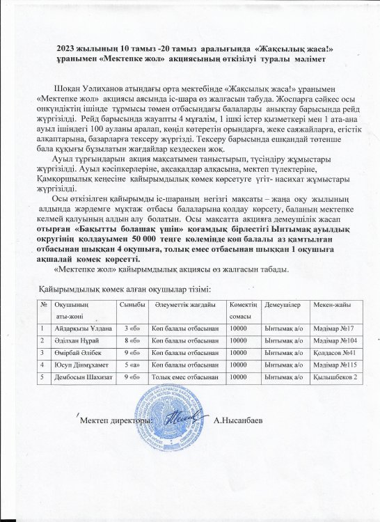 " Жақсылық жаса    " "   Мектепке жол     " акциясы өткізілді
