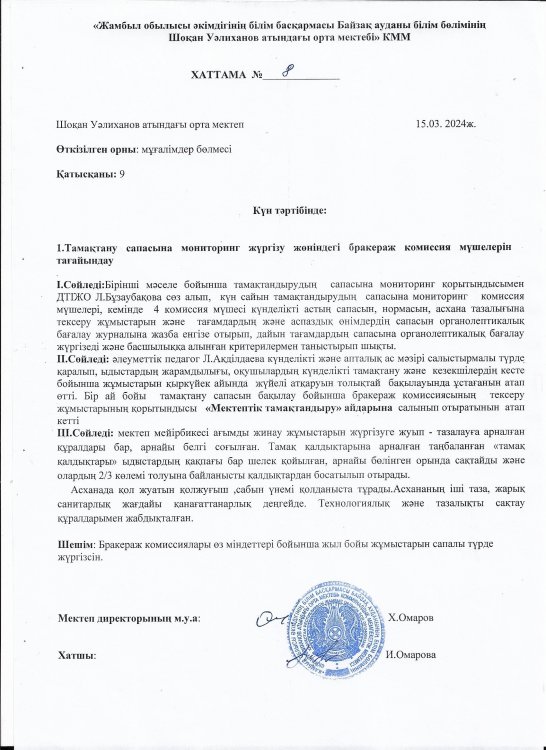 Тамақтану сапасына мониторинг жүргізу жөніндегі бракераж комиссия мүшелерін тағайындау